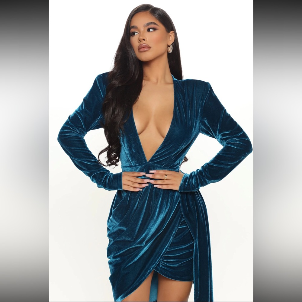 Teal Velvet Long Sleeve Mini Dress